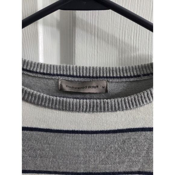 Cedar Wood State Mens Medium Grey Whit Navy Stripe Long Sleeve Striped Sweater - Picture 2 of 6